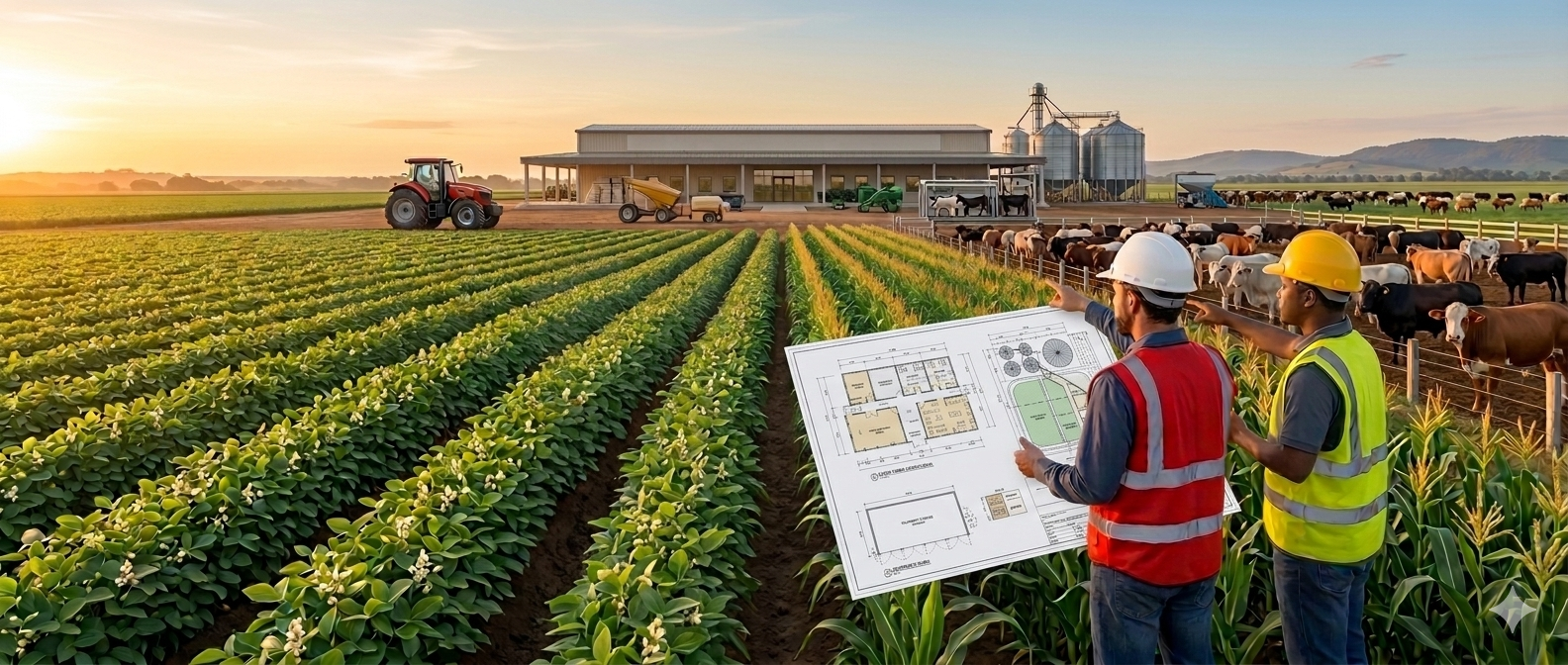 Ilustração de profissionais de engenharia em uma propriedade rural, acompanhando atividades no campo